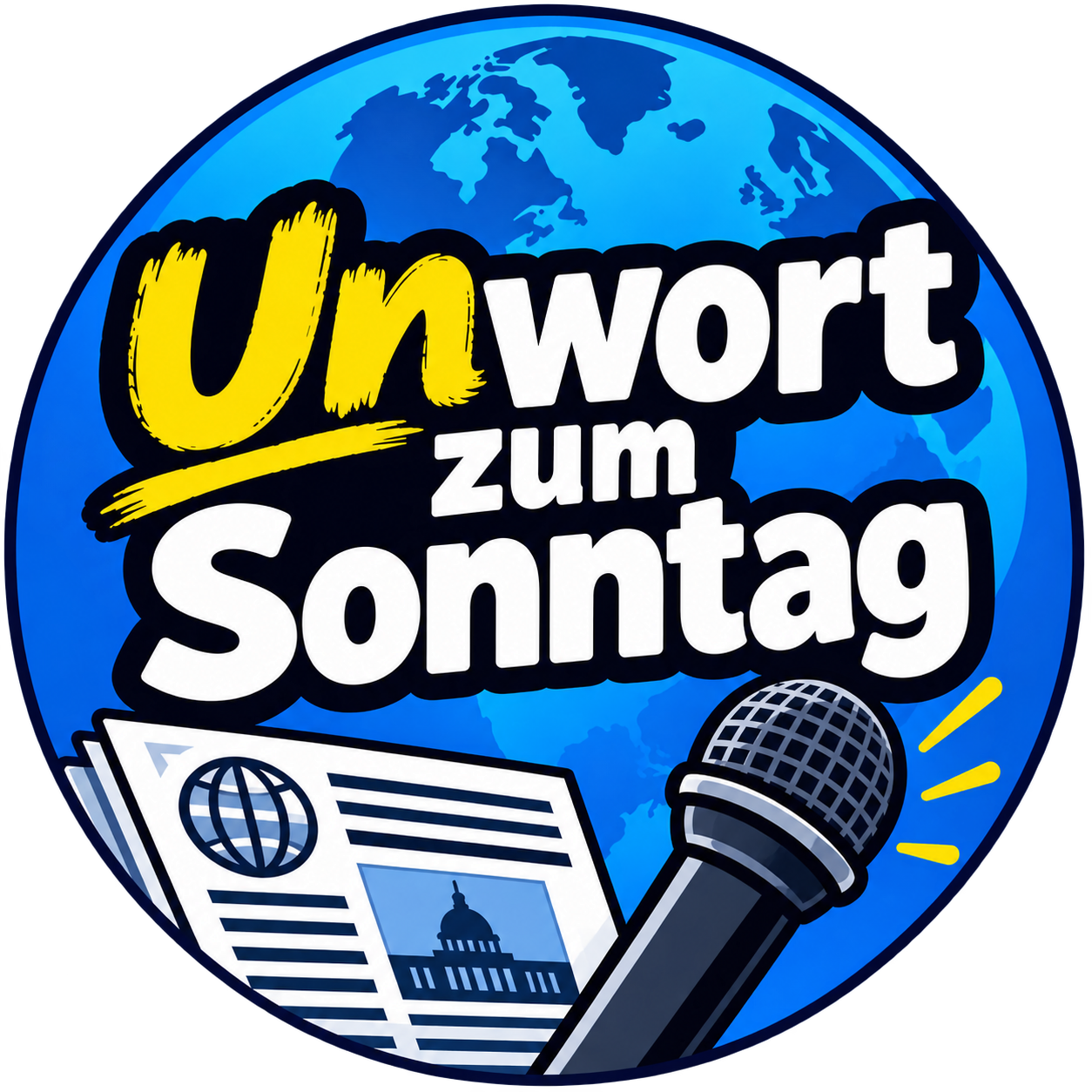 Unwort zum Sonntag – Logo mit Weltkugel, Zeitung und Mikrofon